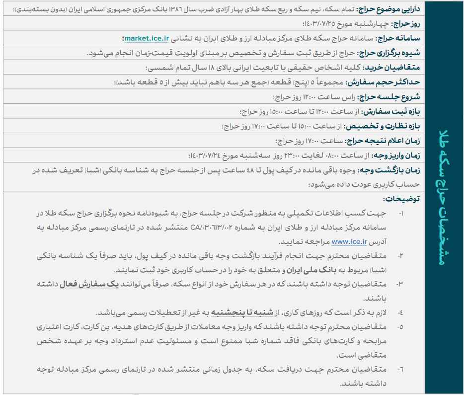 آگهی بیست و سومین حراج سکه طلا منتشر شد/ بازه واریز وجه؛ ساعت ۸ تا ۲۳ روز سه‌شنبه ۲۴ مهرماه